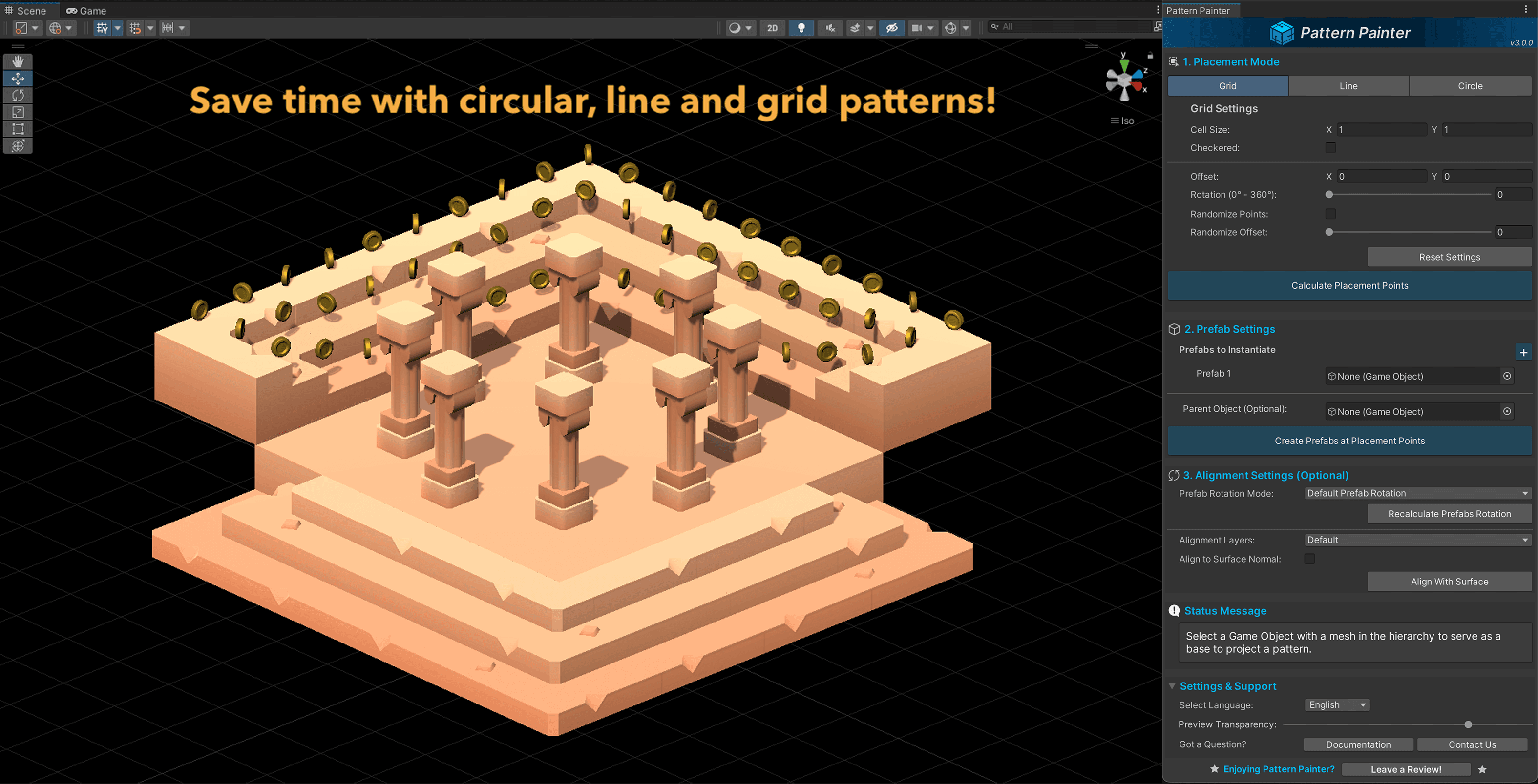 Columns and coins placed with grid and circular patterns