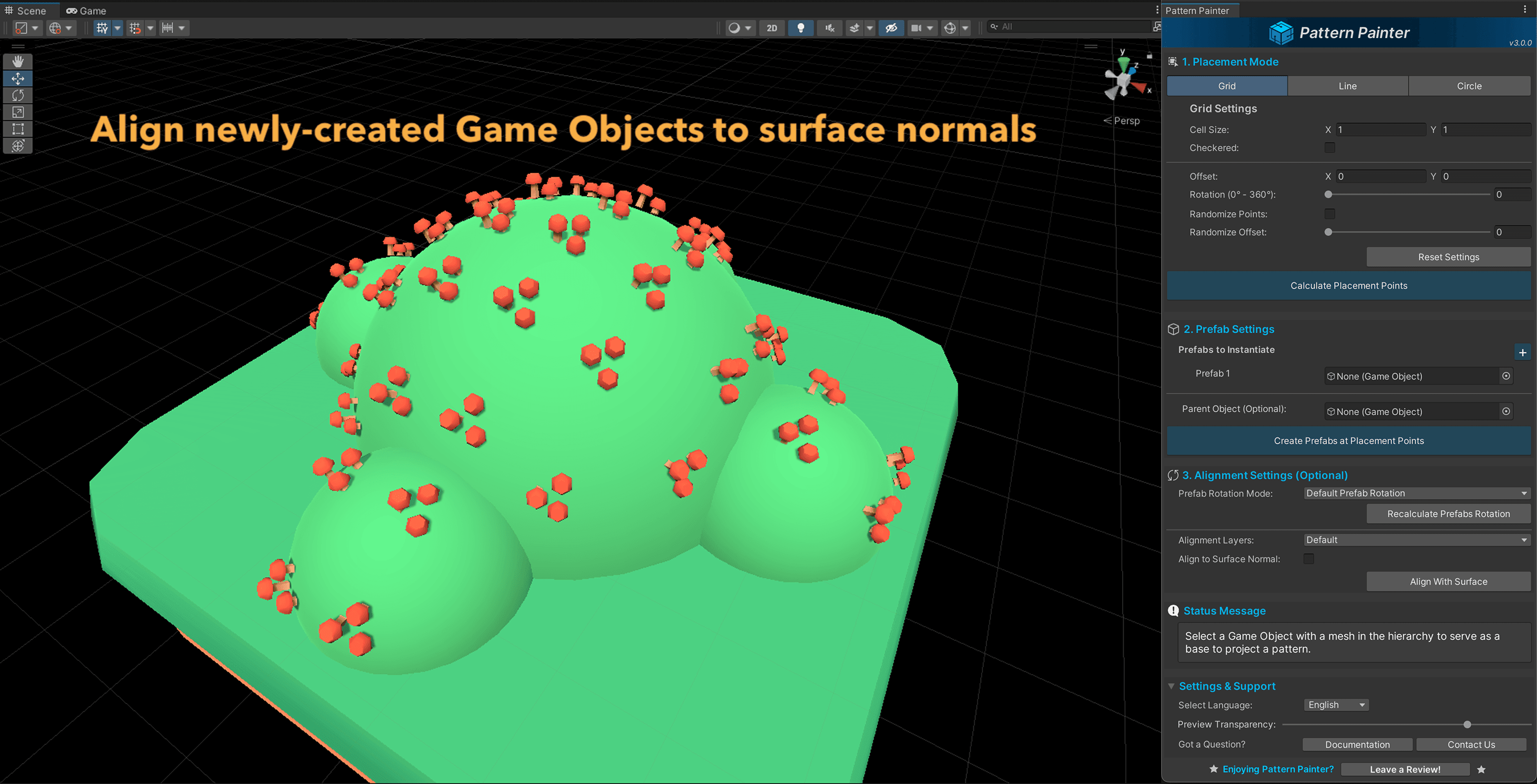 Objects aligned to surface normals on uneven terrain