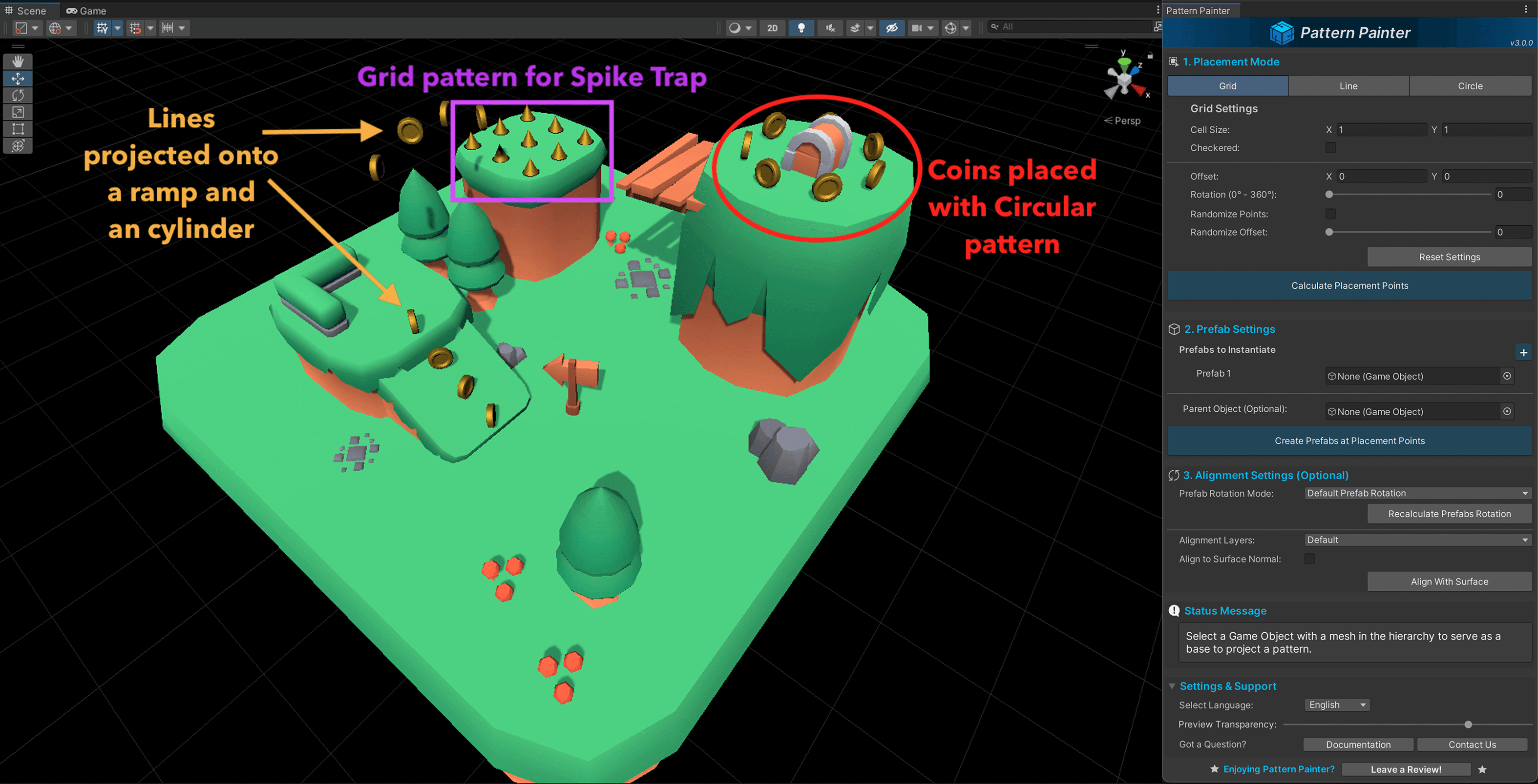 A scene combining line, grid and circular placement