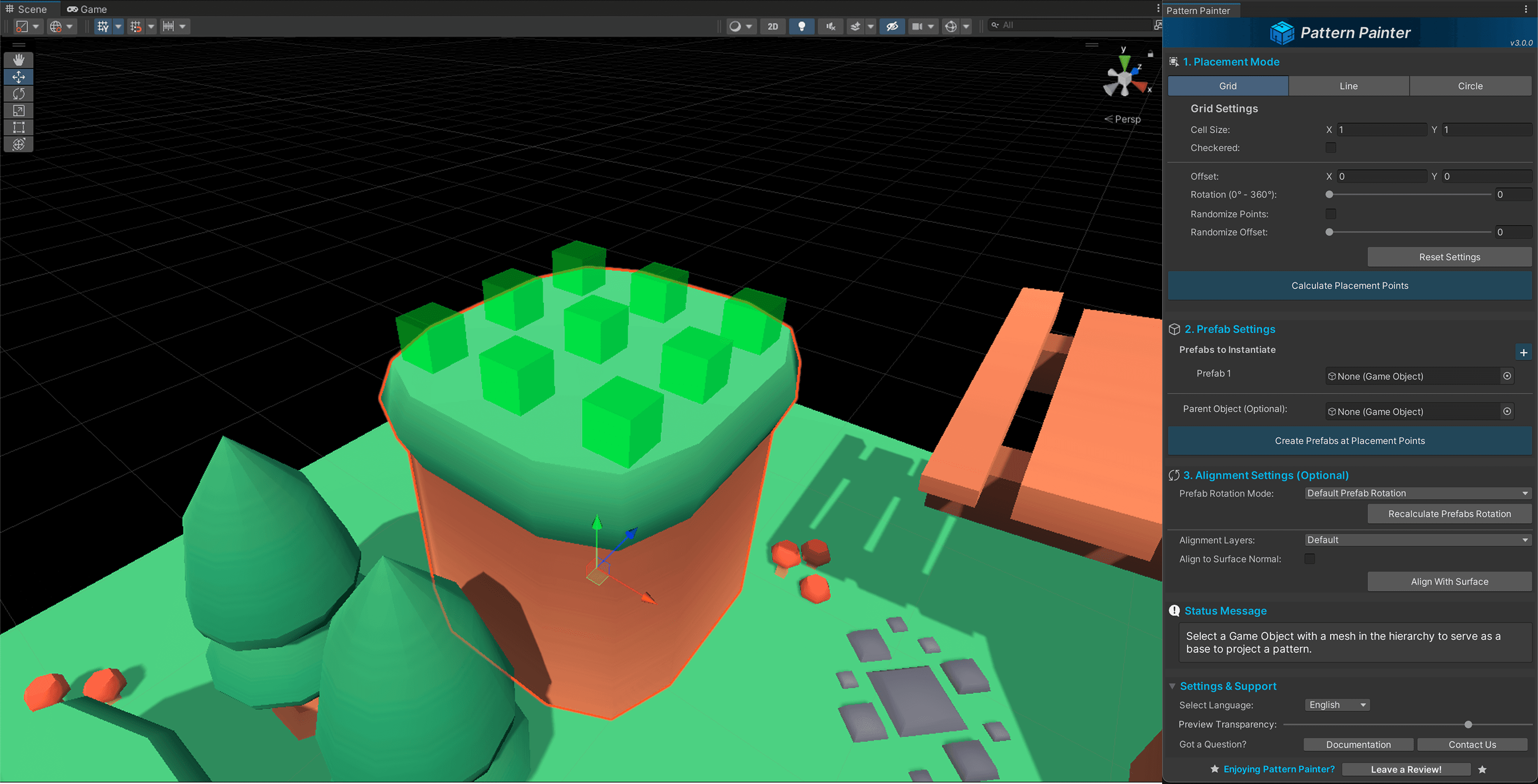 Placement points projected onto a mesh surface