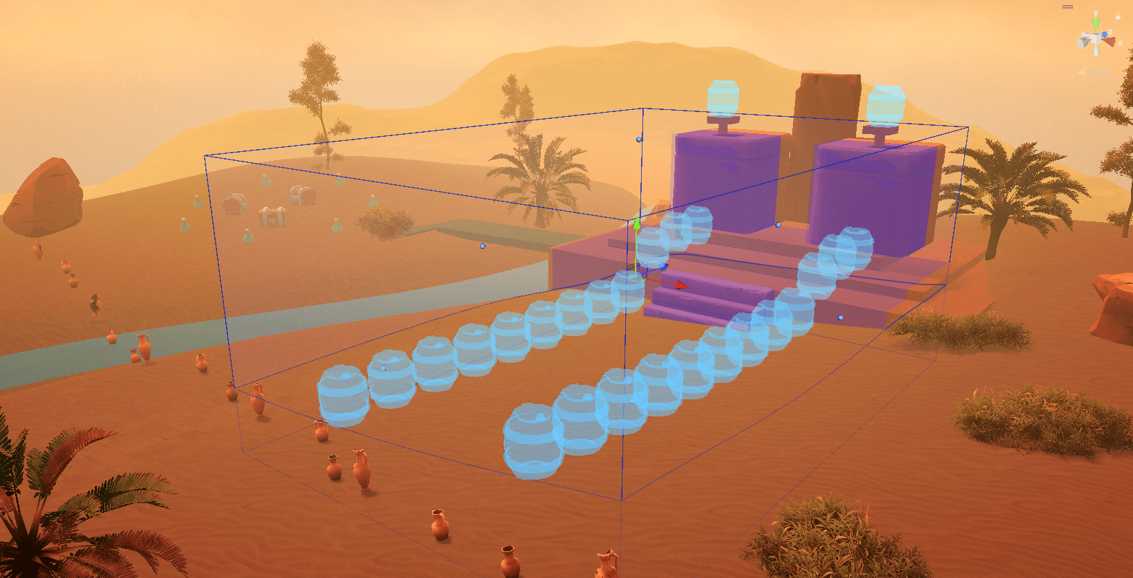 A Paint Volume over a desert scene with a row of barrels previewed inside it