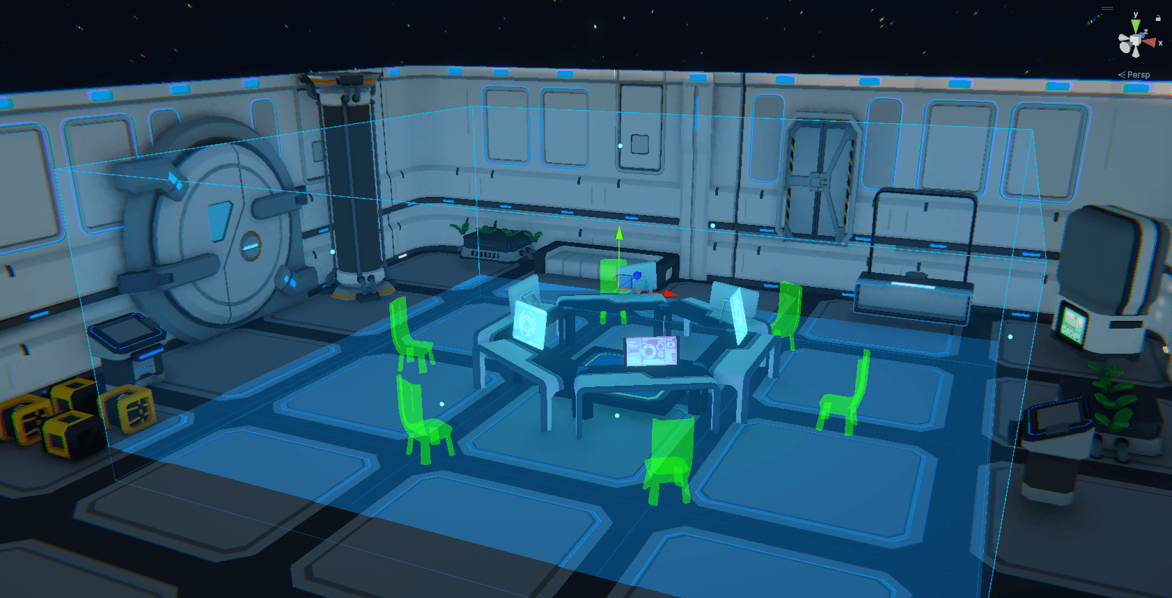 One Paint Volume spanning the floor and furniture of a sci-fi room, with the caught surfaces tinted and chairs previewed on them