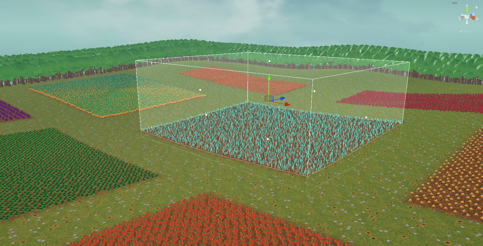 A Paint Volume filling a field with dense crops beside fields already planted the same way